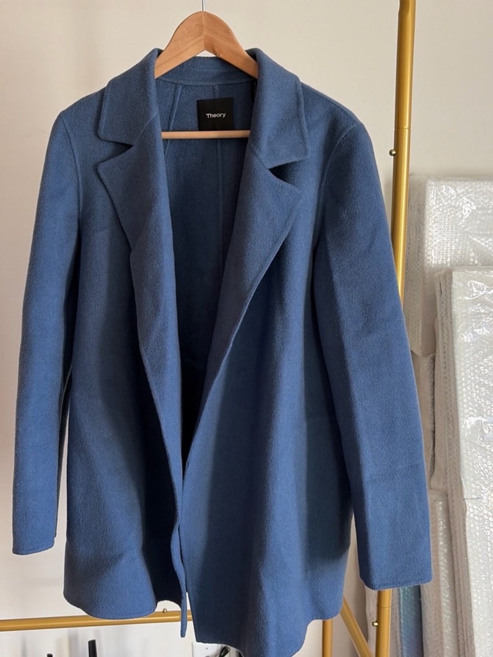 Theory Blue Open-Front Wool Blazer Coat